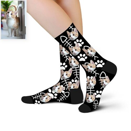 Custom Face Picture Socks with Fish Bones and Claws Pattern