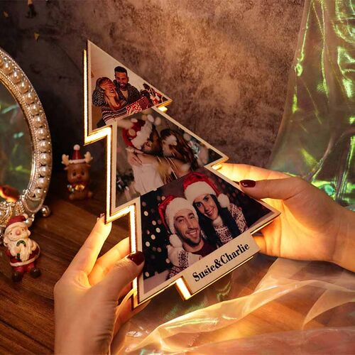 Personalisierter hölzerner Weihnachtsbaum Geschenk personaqlisiertes Foto Licht für Paar
