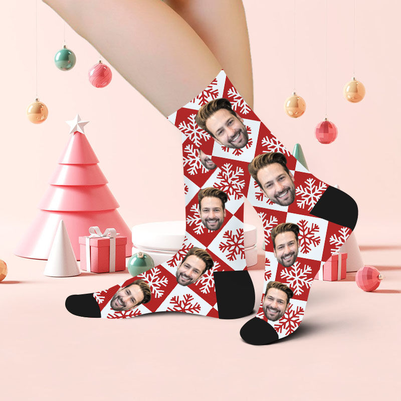 Custom Face Picture Socks Printed with Snowflake Christmas Gift For Dad