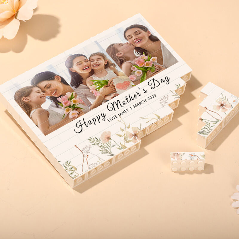 Cadeau de fête des mères "Joyeuse fête des mères" avec photo personnalisée et bloc de construction rectangulaire gravable