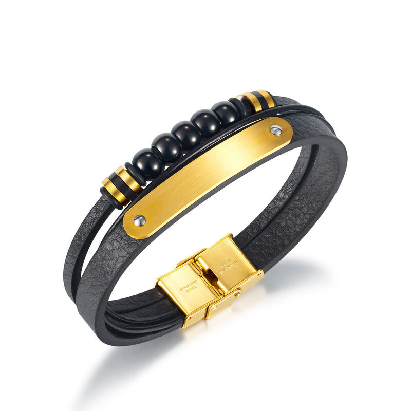 Personalized Classic Ball Bead Titanium Steel Leather Men's Bracelet Custom Text