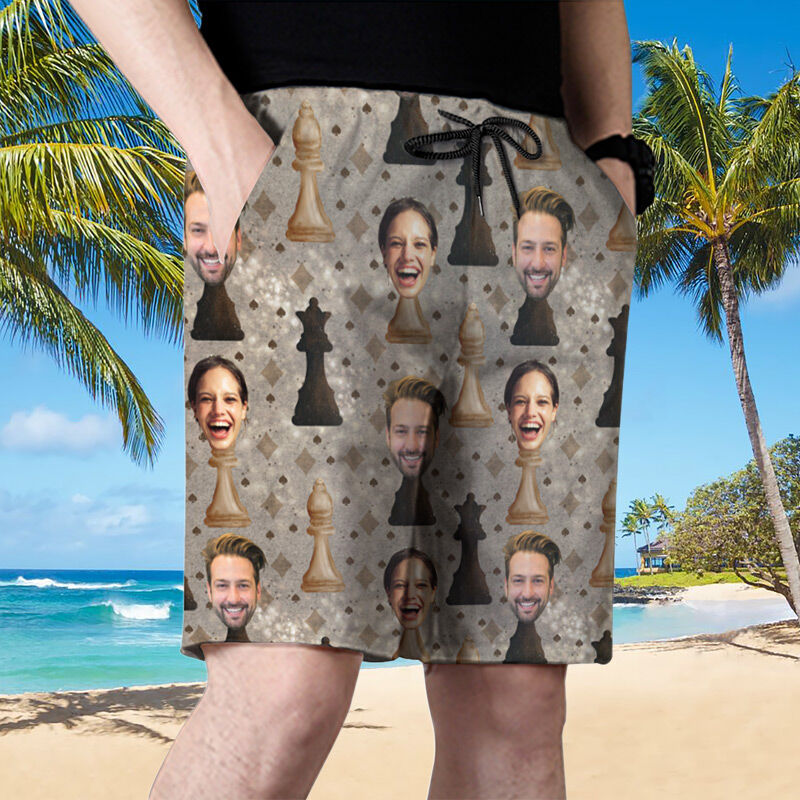 Personalized Picture Men's Beach Shorts with Chess Pattern Creative Present for Boyfriend