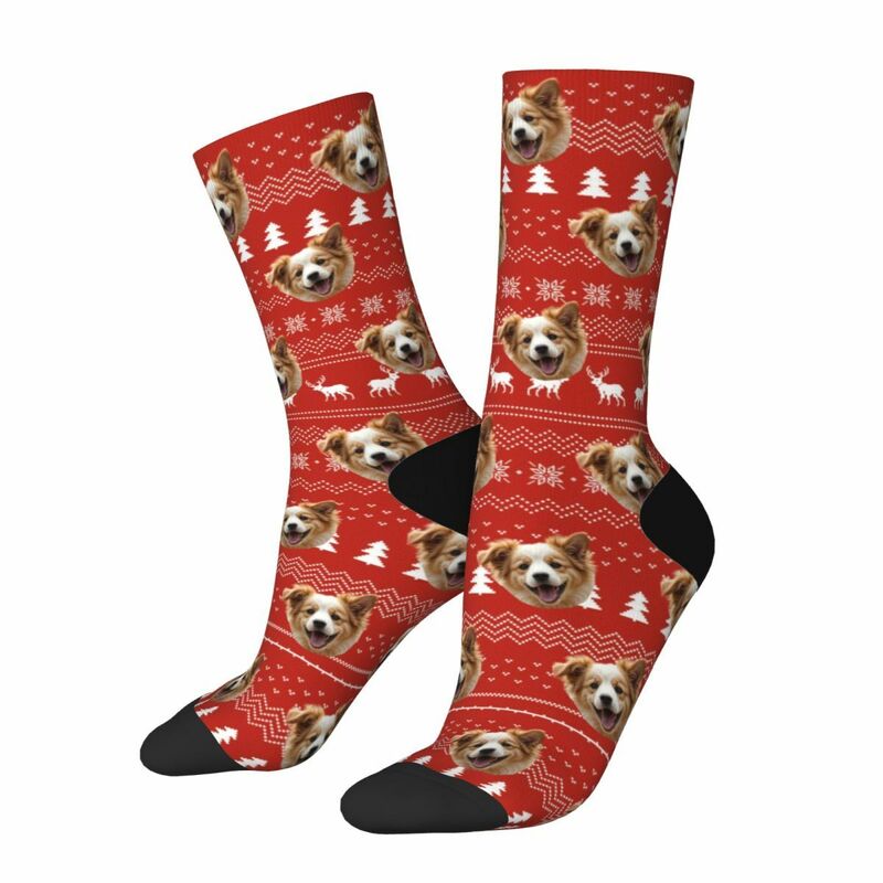 Chaussettes personnalisées pour le visage Chaussettes tricotées rouges avec motif d'élan Cadeau de Noël pour les propriétaires d'animaux de compagnie