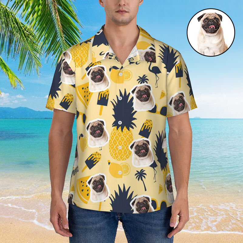 Personalisiertes Hawaiihemd mit gelbem Ananas-Muster Kurzarmhemd Geschenk für Haustierbesitzer