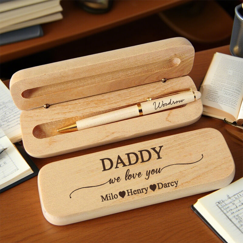 Boîte en bois personnalisée pour stylo papa nous t'aimons noms personnalisés design cadeau idéal pour papa