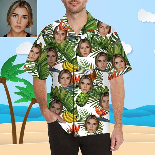 Magliette Personalizzate con Stampa Volto Stile Hawaiano Frutte e Foglie per Uomo