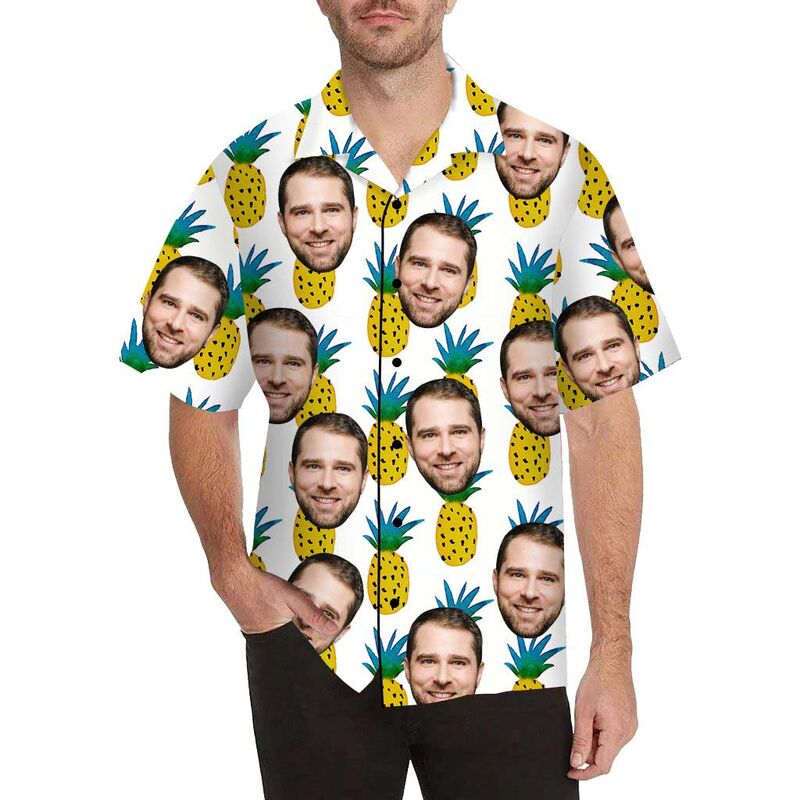 Chemise hawaïenne à impression intégrale pour hommes avec visage personnalisé et ananas jaune