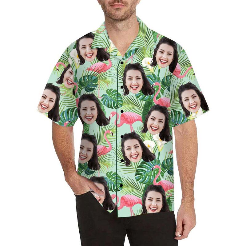 Custom Face Flamingo among Plants Men's All Over Print Hawaiian Shirt