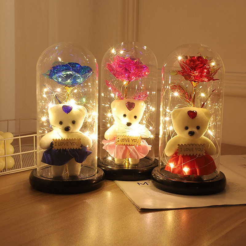 プリザーブドフラワー バラ 枯れない花 造花 薔薇 熊 ガラスドーム LEDライト付き 彼女 プレゼント