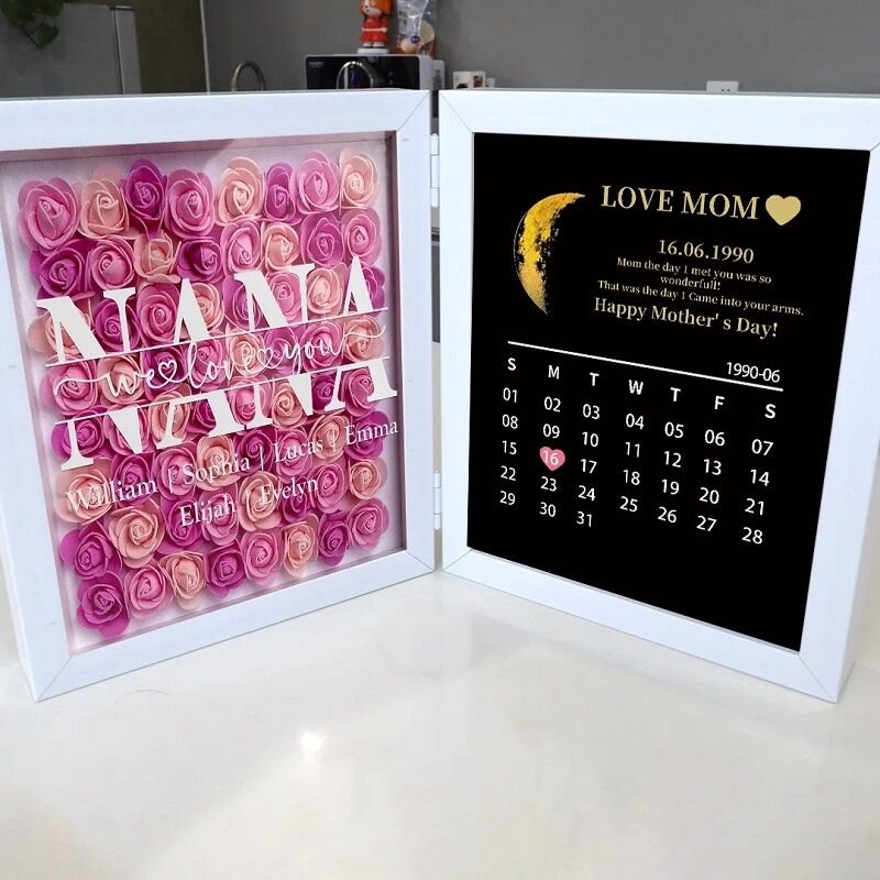 Personalized Flower Shadow Box We Love You with Moon Phase Calendar Pretty Warm Mother's Day Gift