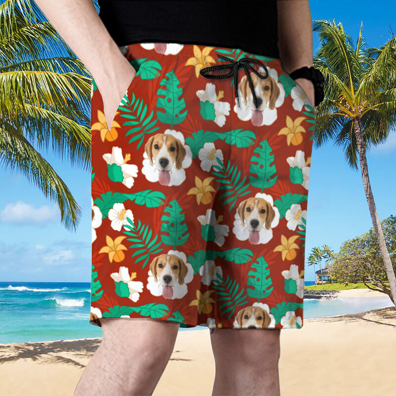 Personalized Picture Men's Beach Shorts with White Floral Pattern Beautiful Gift for Grandpa