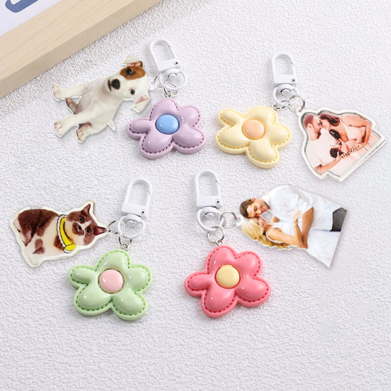 Personalized Acrylic Photo Keychain With Flower Decoration Cute Gift