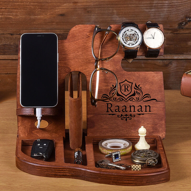 Personalized Desk Organizer Phone Docking Station Wooden Stand Custom Name Design Perfect Gift for Him