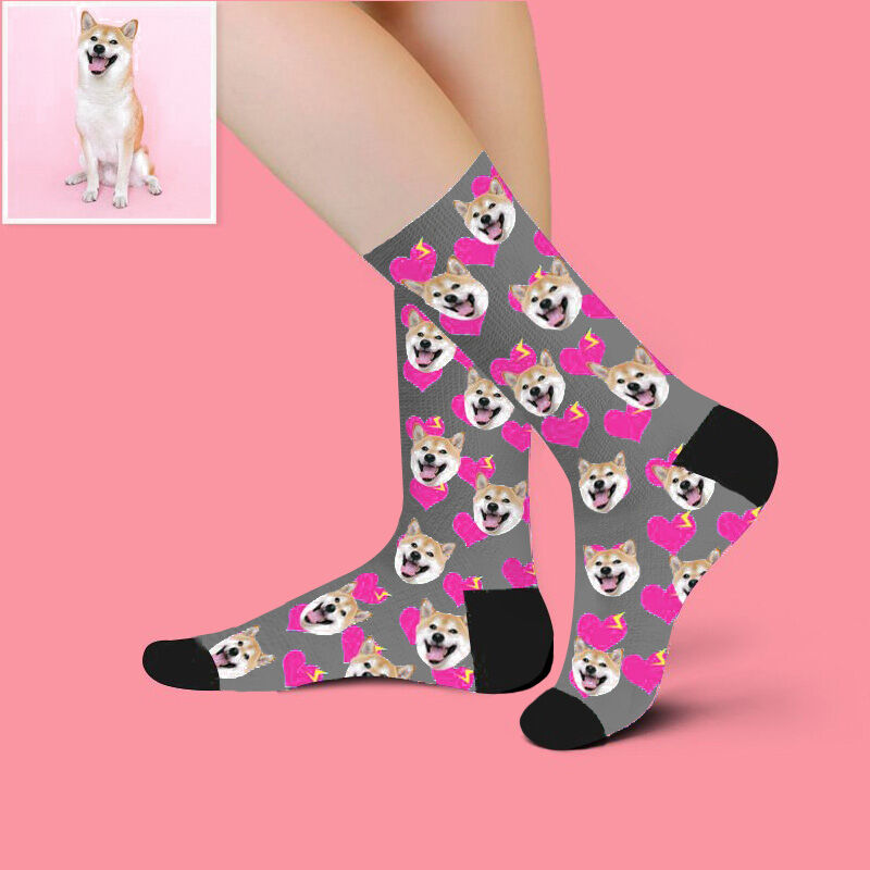 Personalized Pet Face Picture Socks Printed with Hot Pink Hearts