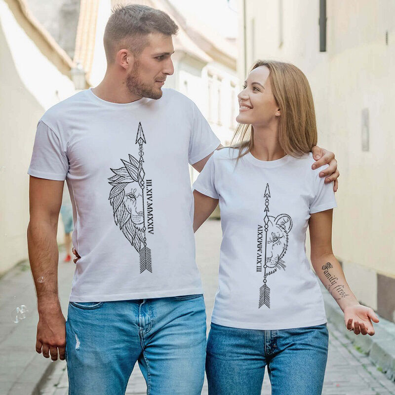 Personalized T-shirt Cool Lion King Couple Design with Custom Roman Numeral Date Gift for Lovers
