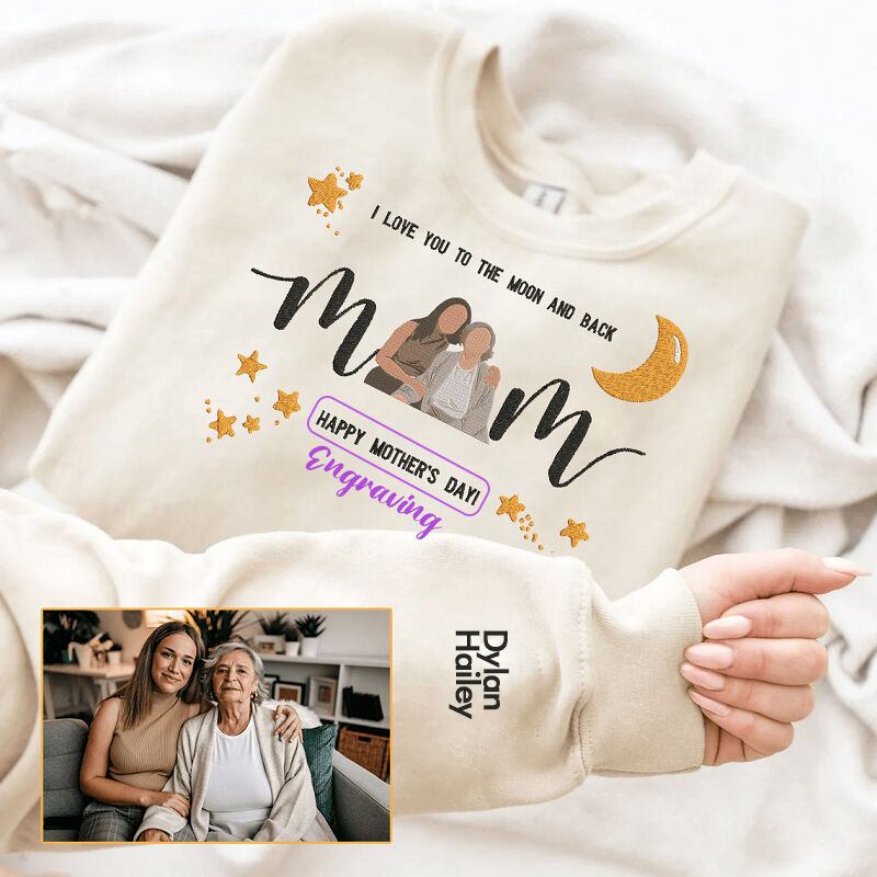 Personalisiertes Sweatshirt mit gesticktem Foto Ich liebe dich bis zum Mond und zurück Warmes Geschenk für die liebe Mama