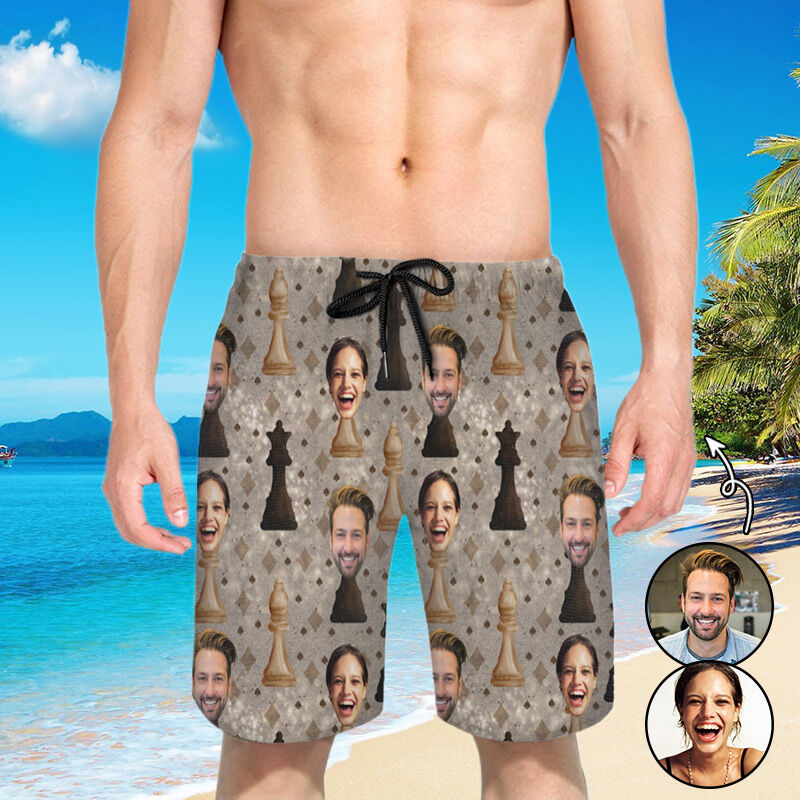 Personalized Picture Men's Beach Shorts with Chess Pattern Creative Present for Boyfriend