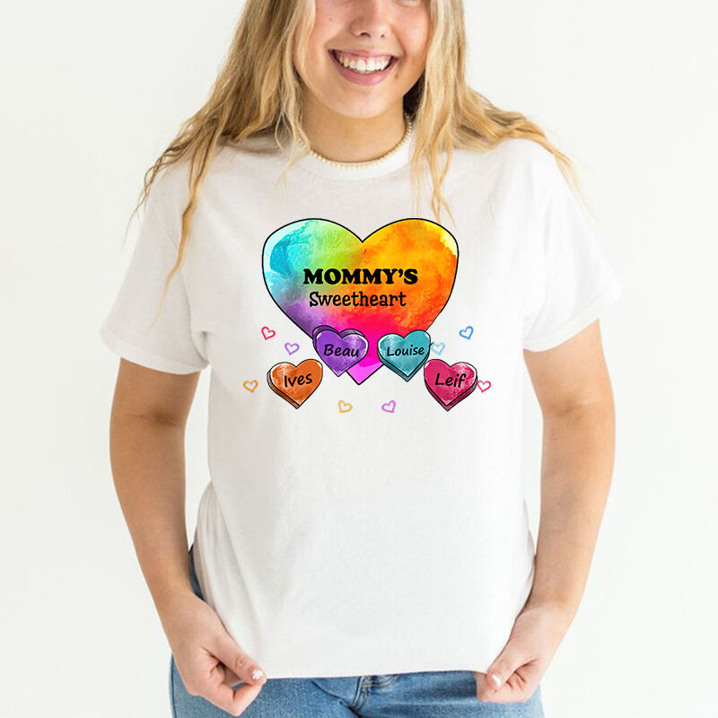 Personalized T-shirt Mom's Sweetheart Custom Kids Name Colorful Heart Design Gift for Mother's Day