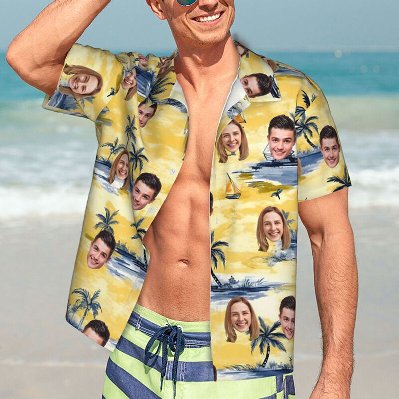 Personalized Hawaiian Shirt with Coconut Tree Print Yellow Short Sleeves Gift for Husband