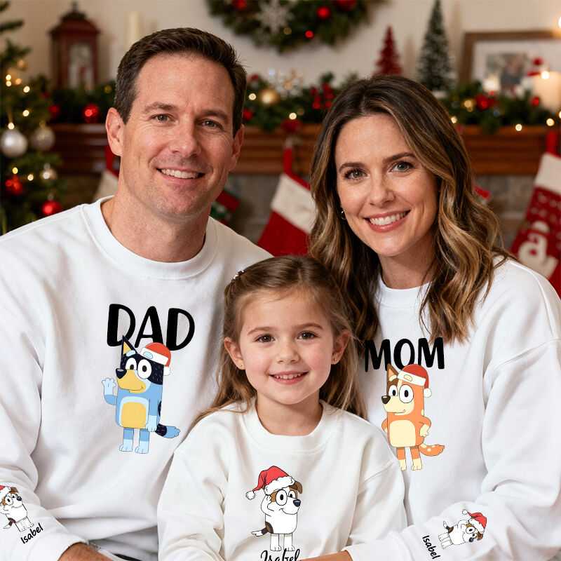 Personalized Parent-Child Sweatshirt Custom Bluey Cartoon Pattern Christmas Design Perfect Gift for Family