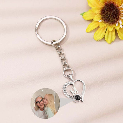 Sterling Silver Personalized Heart Photo Projection Keychain with Diamonds