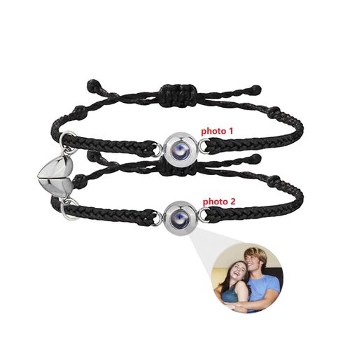 Bracelet magnétique double corde noire personnalisé avec projection d'image Cadeau pour hommes et femmes