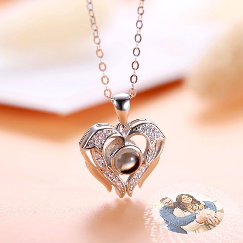 Sterling Silver Personalized Photo Projection Necklace-Heart & Wings