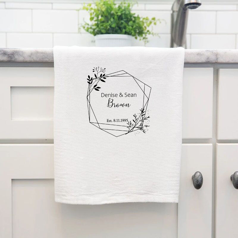 Personalized Towel with Custom Name and Date Exquisite Line Frame Flower Design for Lover
