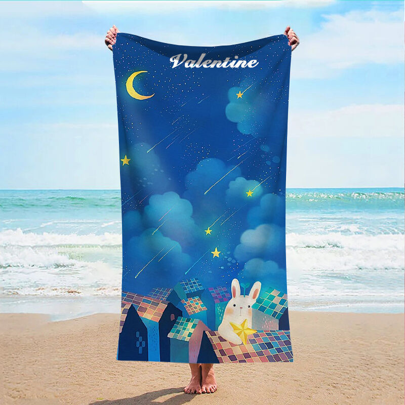 Personalized Name Bath Towel with  Cute Bunny Night Sky Pattern Perfect Gift for Kids