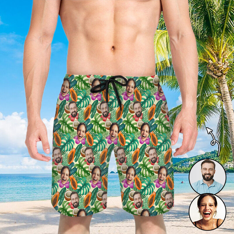 Personalized Picture Men's Beach Shorts with Green Leaves Pattern Best Gift for Family