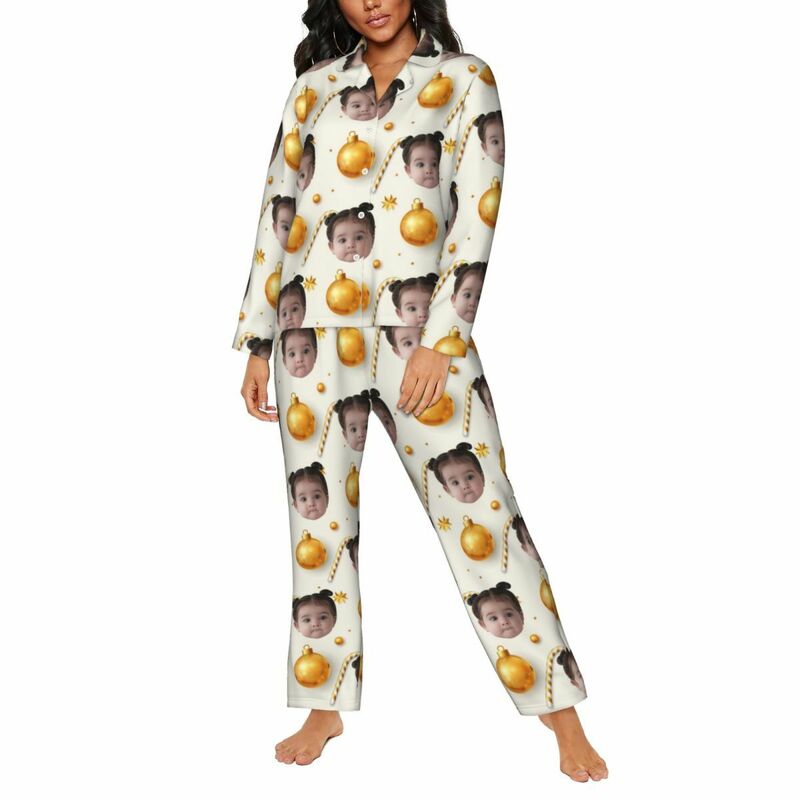 Personalisierte Pyjamas mit individuellem Kinderfoto Weihnachtsglocke Süßigkeit Goldener Stil Muster Design Geschenk für sie