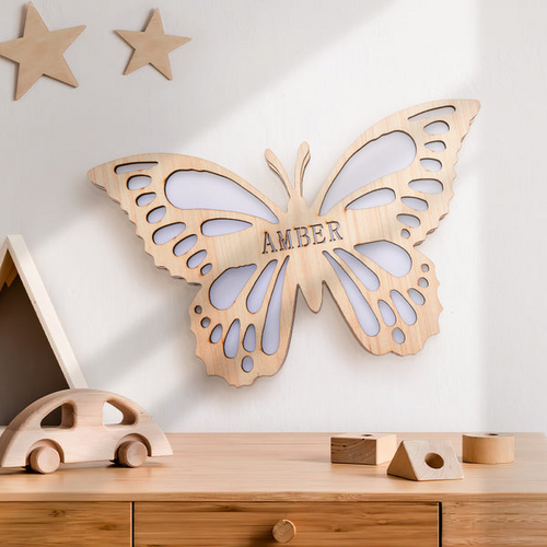 Personalized Butterfly Wooden Name Wall Light for Kids Room Birthday Gift for Girls