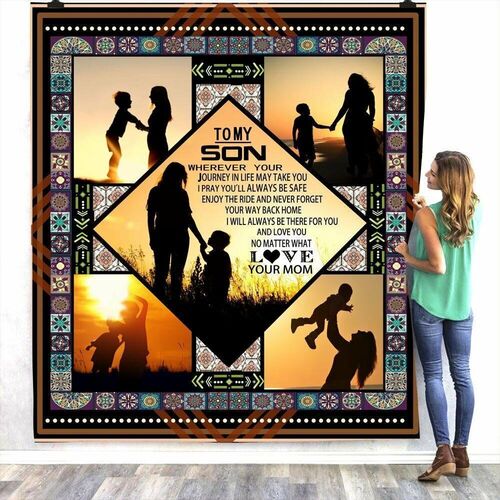 Personalized Soft Love Letter Blanket to Son from Mom With Mom and Child Silhouette Pattern
