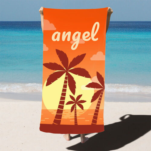 Asciugamano da bagno con nome personalizzato con motivo di tramonto sulla spiaggia e sagome di palme