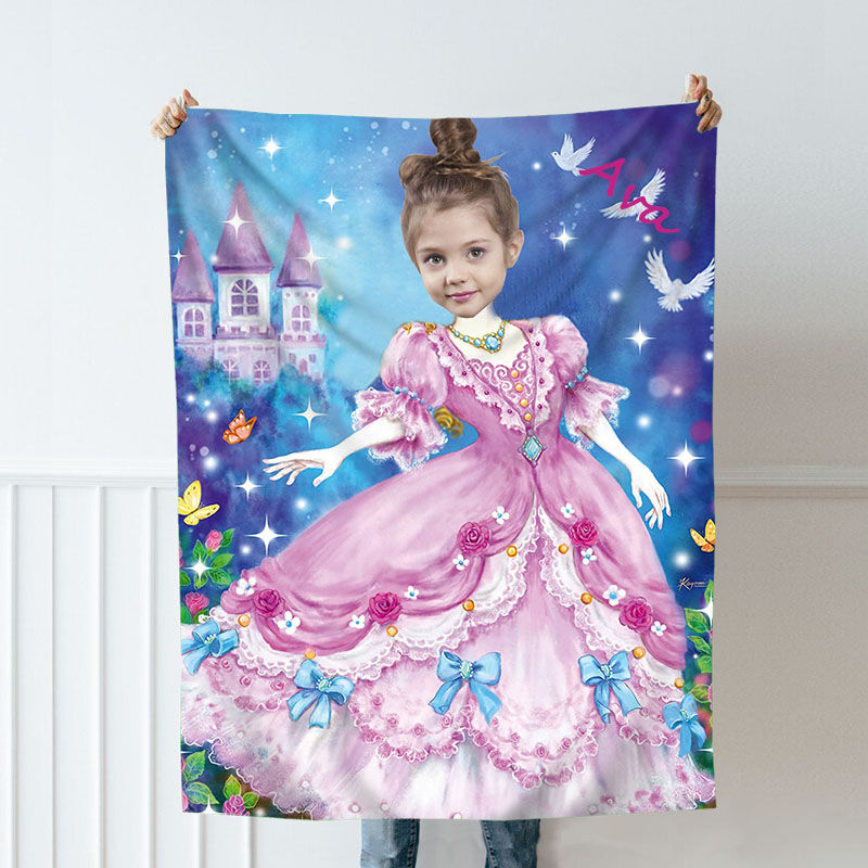 Personalized Custom Photo Blanket Pink Fantasy Castle Background Girls Flannel Blanket