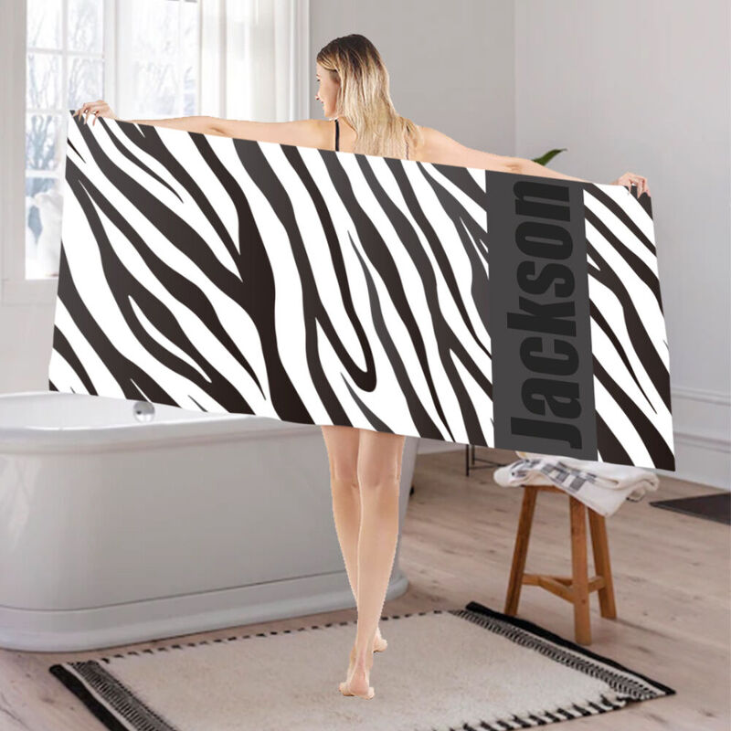 Custom Name Bath Towel with Zebra Print Pattern for Father's Day
