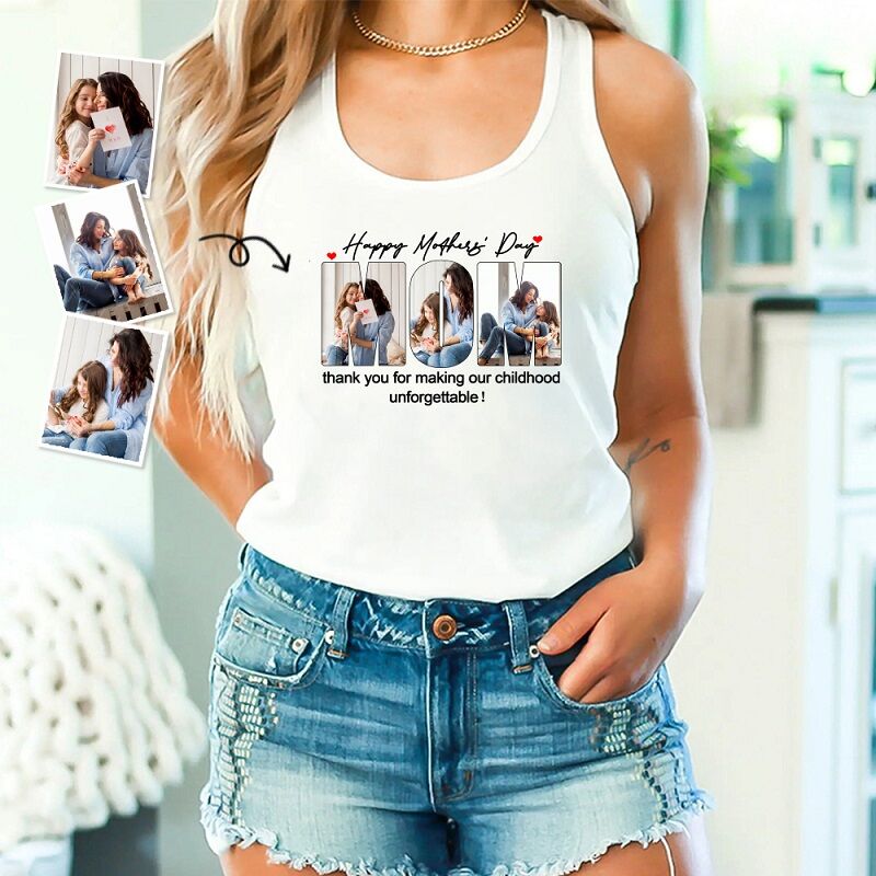 Personalized Tank Top Custom Photos MOM Shape with Warm Words Design Perfect Gift for Mother