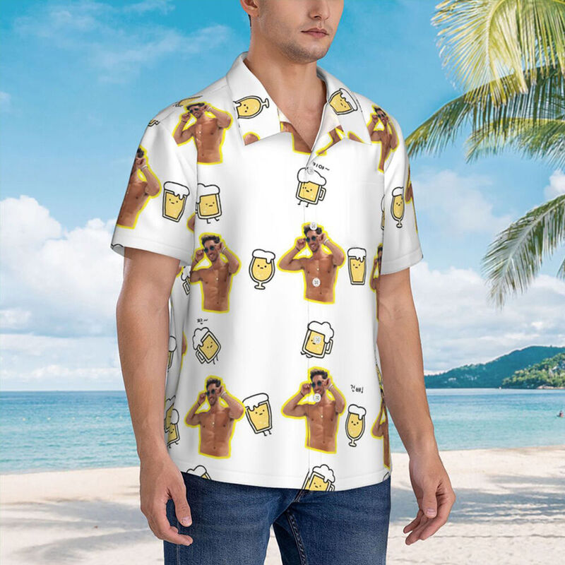 Custom Hawaiian Shirt with Beer Mug Print Simple Beach Short Sleeve for Couples