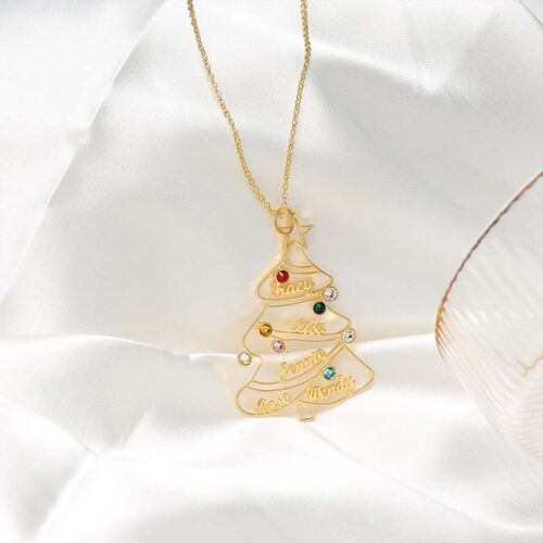 Personalized Christmas Tree Name Necklace With Birthstones