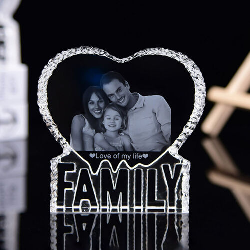 Cadre photo personnalisé en cristal avec coeur gravé au laser pour la famille