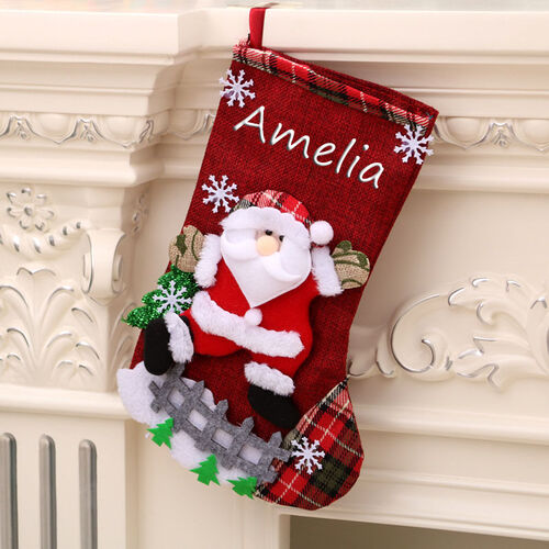 Chaussettes de Noël personnalisées avec le nom du Père Noël rouge et les flocons de neige