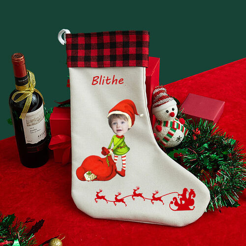Personalized Custom Face Christmas Socking with Christmas Elf with Gift Bag