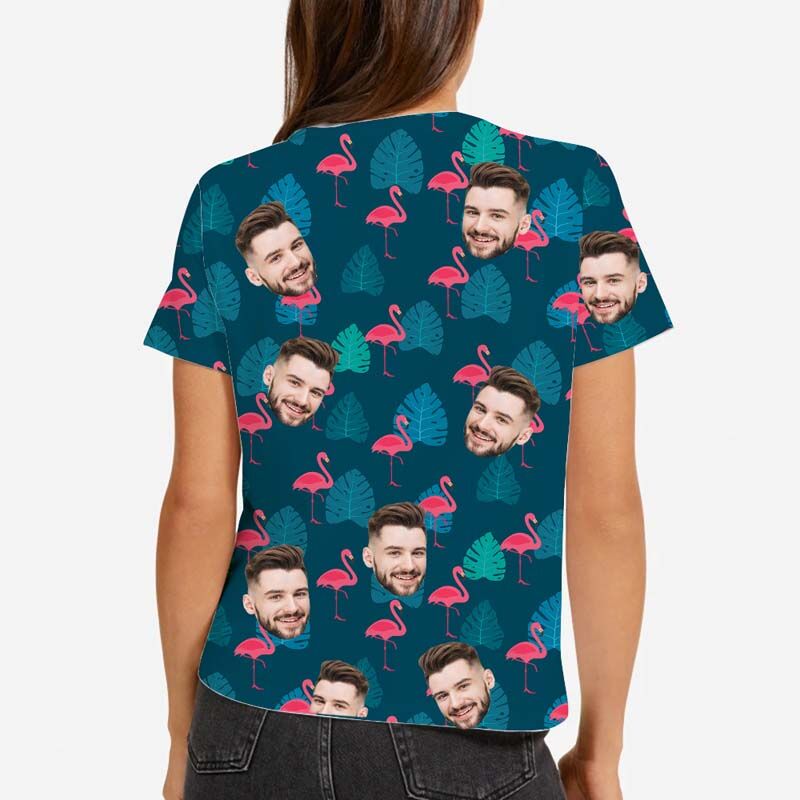 Personalized Face Hawaiian T-Shirt Printed With Red Flamingo
