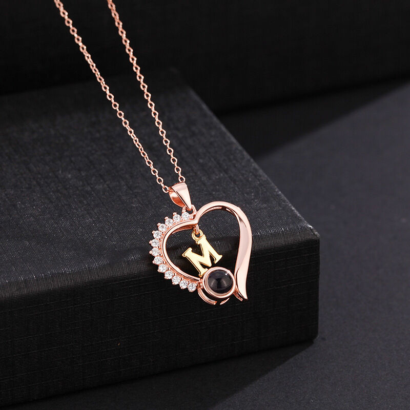 Sterling Silver Personalized Beating Heart Letter Projection Necklace with Diamonds
