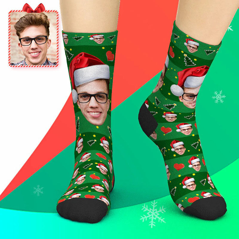 Custom Face Picture Striped Socks Printed with Christmas Tree