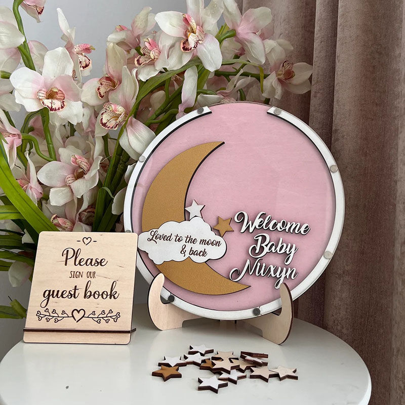 Personalized Round Moon Star Wooden Acrylic Custom Name Guest Book
