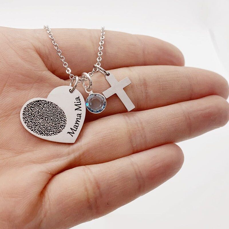 Personalised Heart Fingerprint Necklace with Birthstone