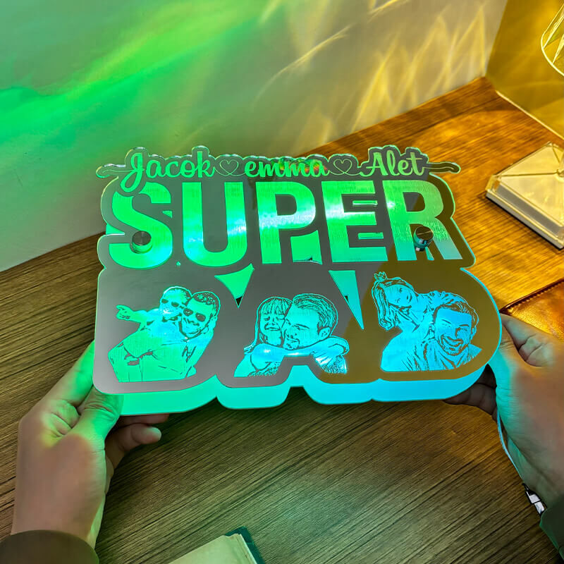 Personlig Super Dad Mirror Light Anpassad fotogåva till jul
