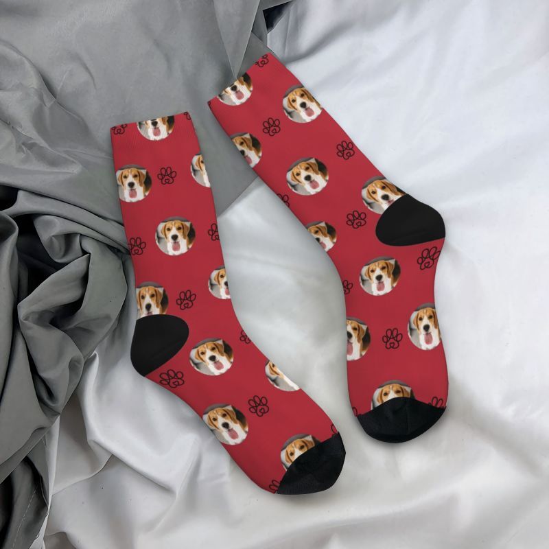 Personalized Face Socks with Line Paw Print Pattern Gift for Pet Owners