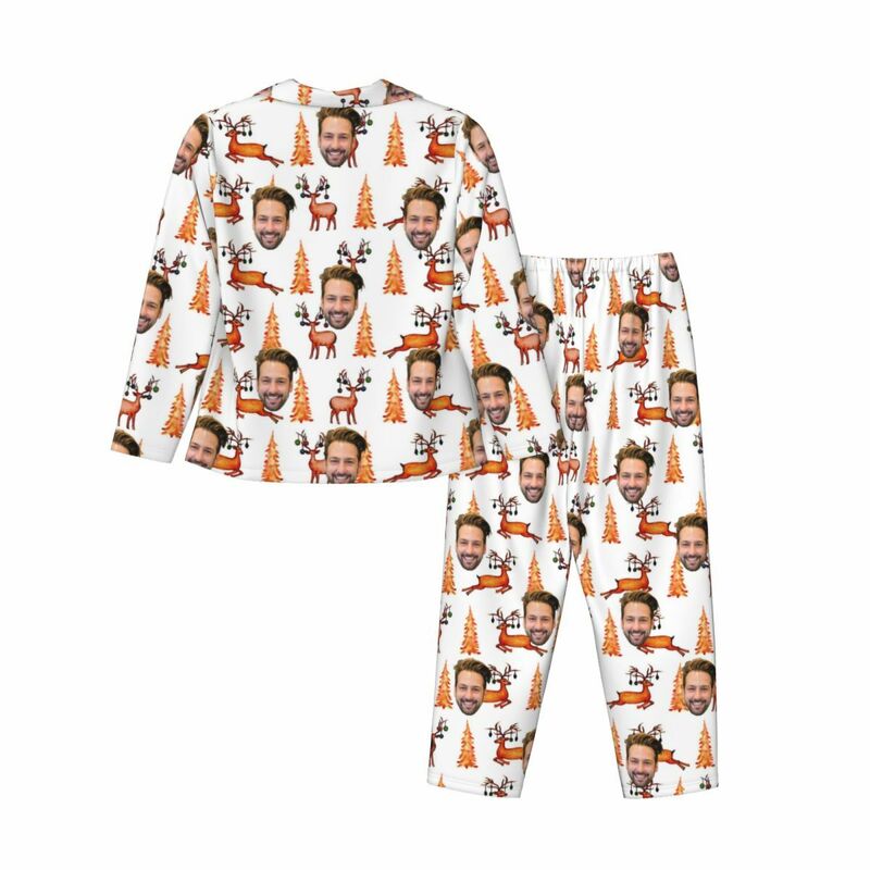 Personalized Pajamas Custom Photo Christmas Tree Reindeer Orange Style Design Warm Gift for Family